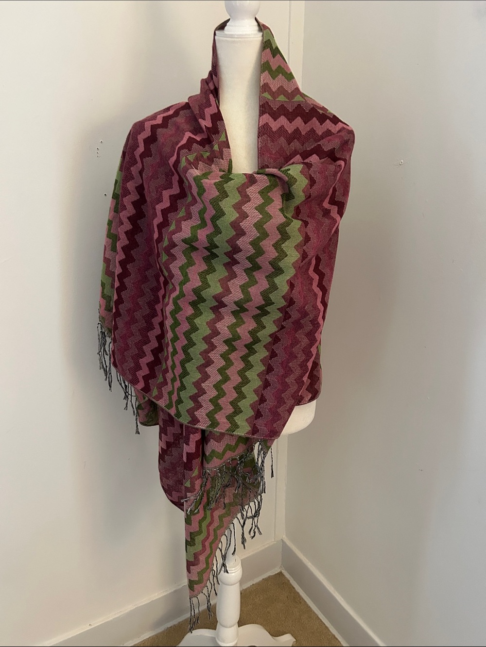 Zigzag Fringe Shawl/Scarf in Deep Purple and Green